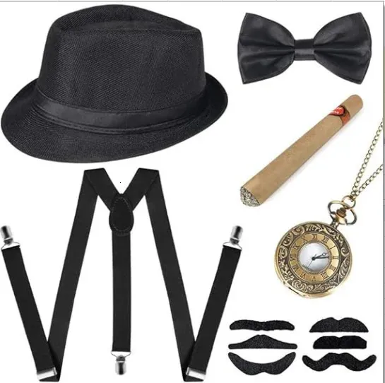 PESENAR 1920S GATSBY Party Play-Playing Suit Vintage Party Top Hat Pocket Regarder Fake Cigar Sous-cigare Costume de barbe 240430