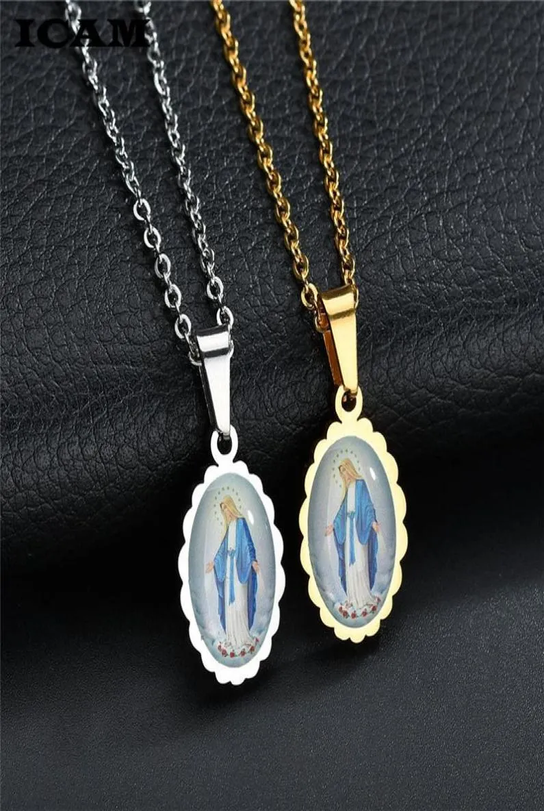 Pendant Necklaces ICAM Catholic Rhinestone Oval Prayer Virgin Mary Necklace Classic Our Lady Of Guadalupe Medal Coin Amulet9474951