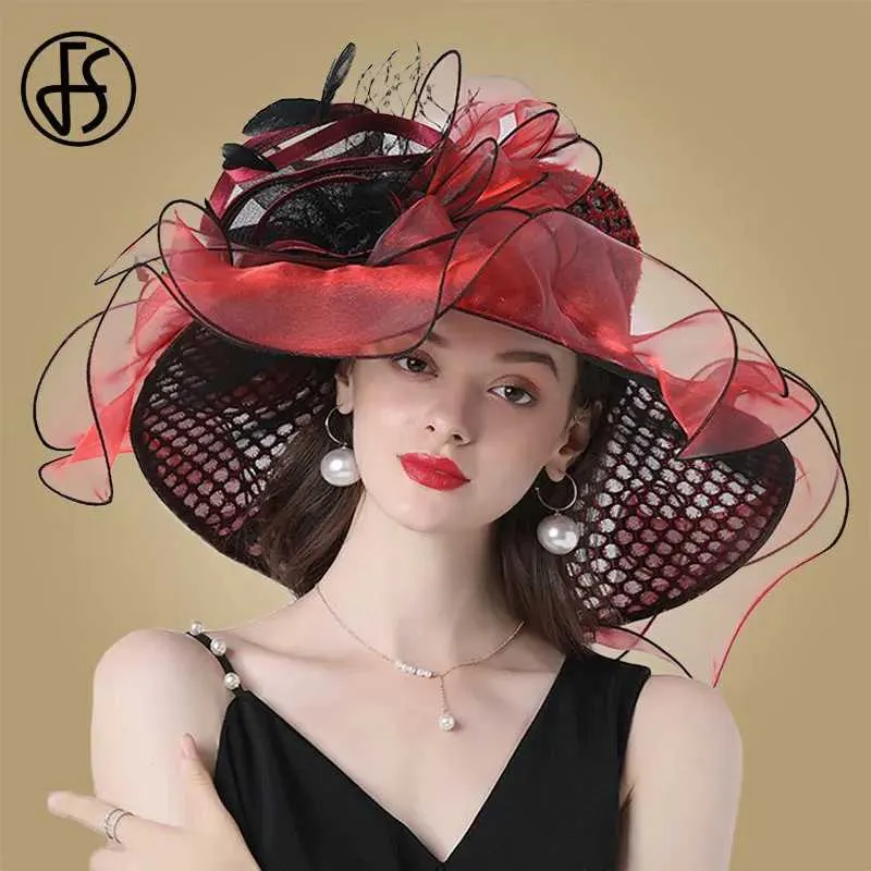 Brede rand hoeden emmer hoeden fs dames organza rode hoeden bruiloft fascinators elegante grote brede riem fedora kentucky derby hoeden feest formele kerk dames hoed y240426