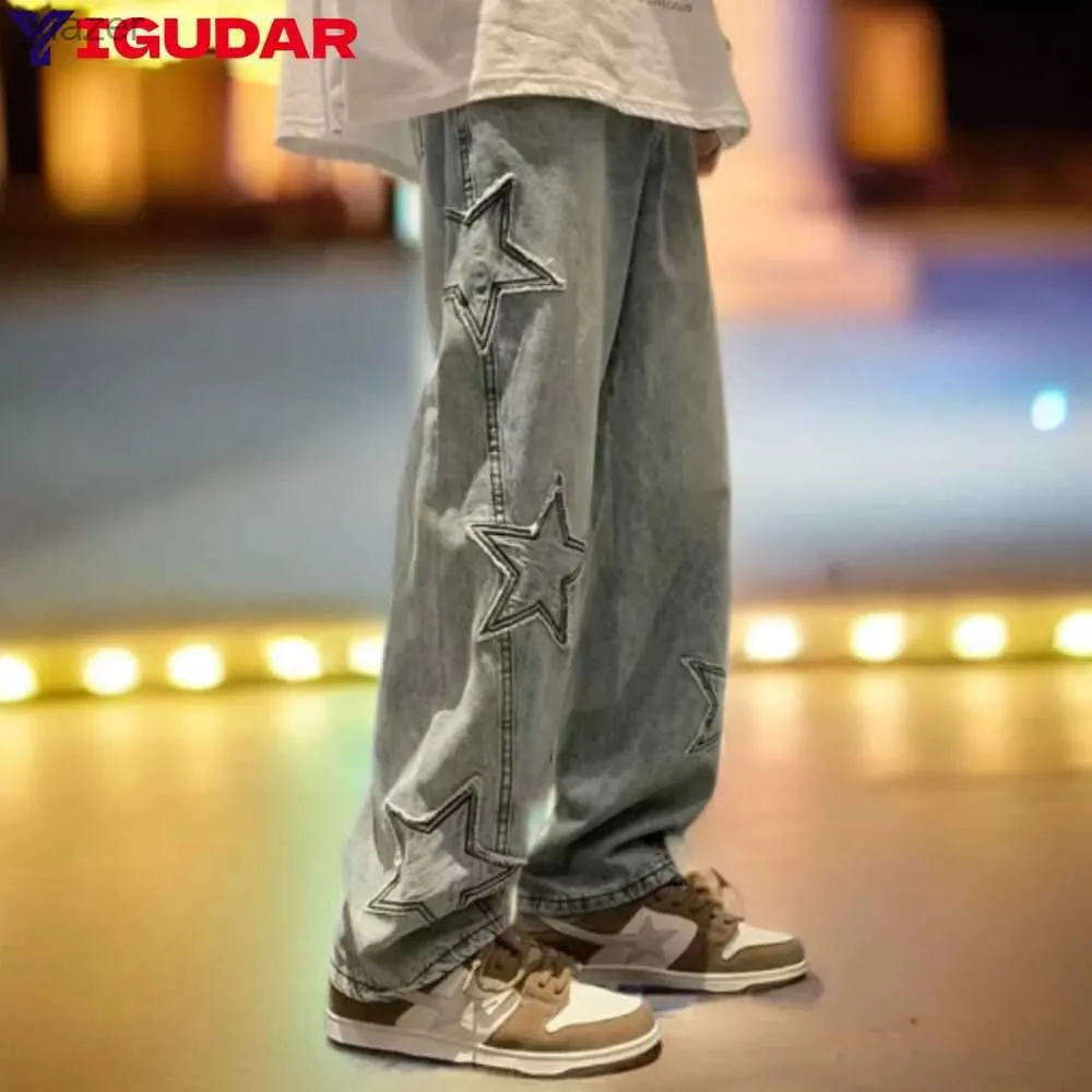 Męskie dżinsy haft haft proste swobodne mężczyzn dżinsy neutralne nowe szerokie nogę luźne moda hip-hopowa moda młodzieżowa dżinsowe spodnie streetwearne y2k wx