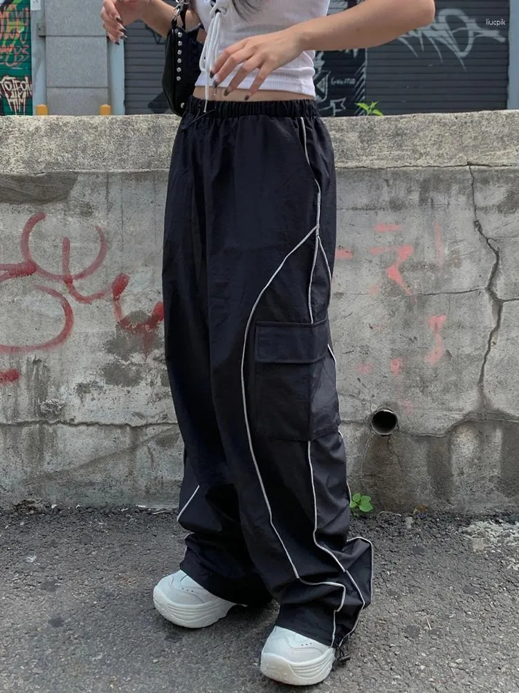 Damesbroek mode oversized zwarte trainingsbroek lage opkomende reflecterende streep vracht lady y2k streetwear baggy jogger casual Koreaans Koreaans