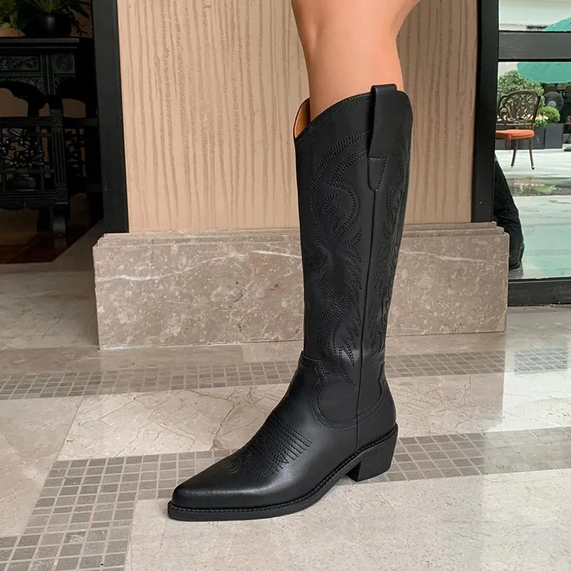 Botas genuínas de couro, designer feminino de couro genuíno, salto alto pontiagudo feminino, cowboy ocidental