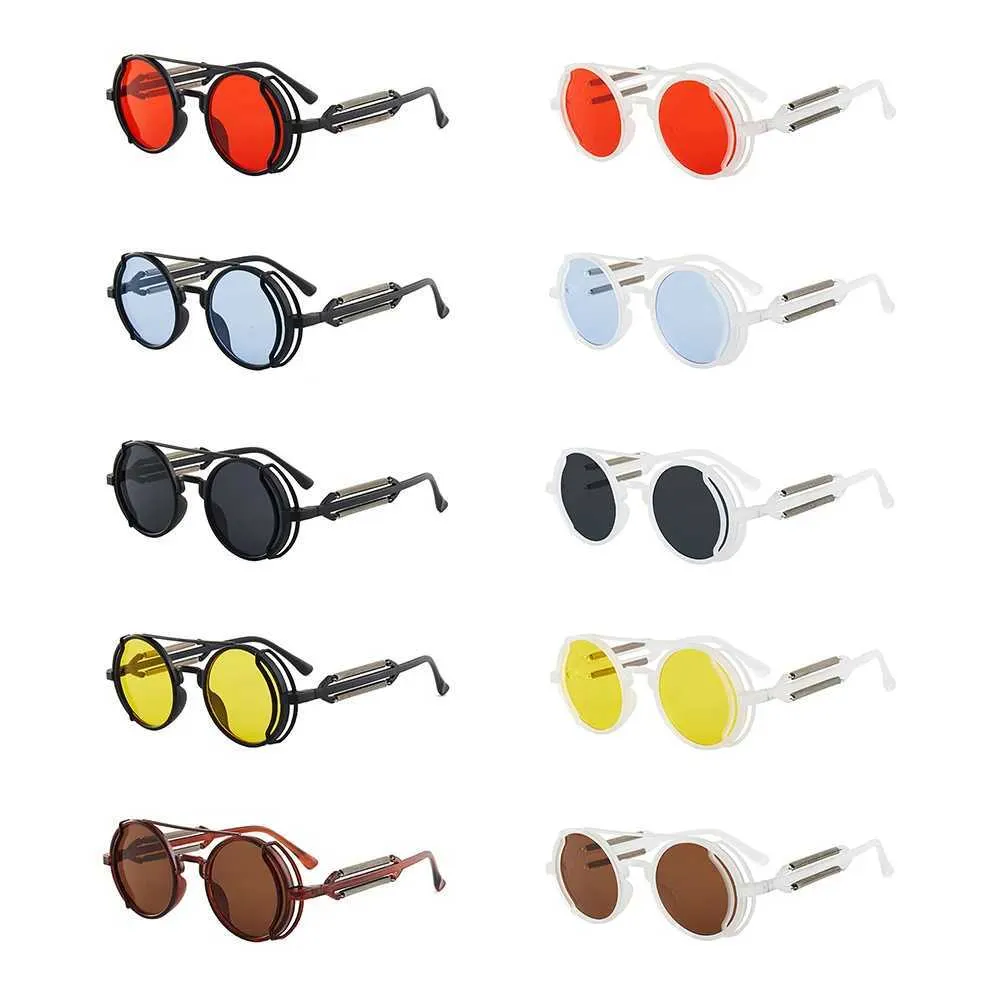 Sunglasses Gothic Style Steampunk Sunglasses Double Spring Temples Round Sunglasses UV400 Protection Mens Eyewear Trendy Punk Sun Glasses d240429