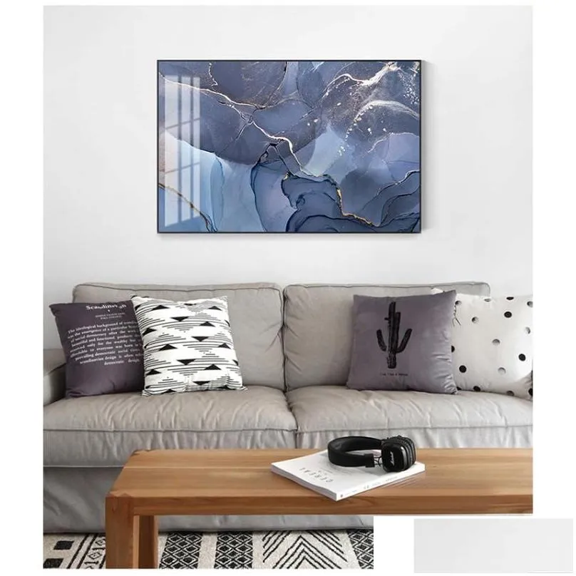 Schilderijen Samenvatting Goud blauw Wall Art Print Moderne stijl Canvas inkt schilderij Noordse decoratief beeld Home Decor Marble Texture Drop Dhkao