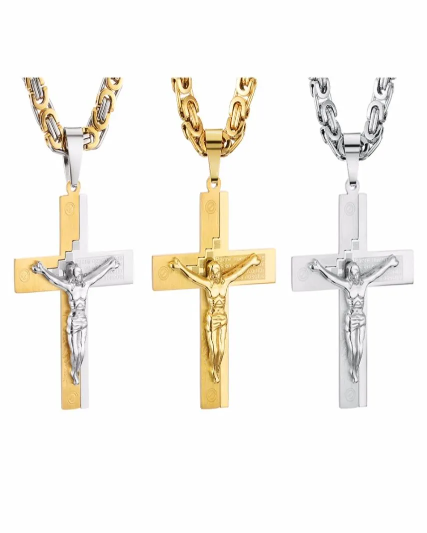 Crucifix Jesus Pendant Necklace Gold Color Stainless Steel Christs Bible Men Jewelry Byzantine Chain Gift for Father6265977