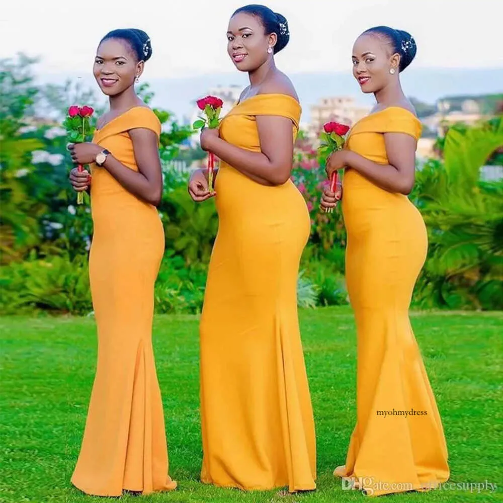 Afrika Kapalı Omuz Sarı Denizkızı Nedime Elbise Elastik Satin Düğün Konuk Elbiseler Basit Hizmetçi Onur Gowns Robe De Soiree Özel 0430