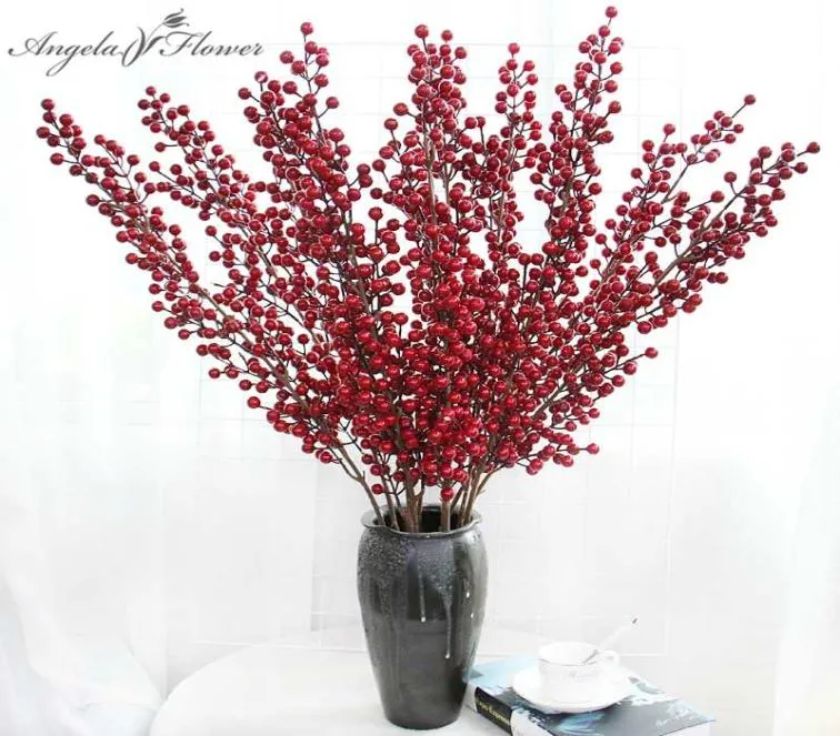 Flores decorativas grinaldas 12 galhos de natal frutas ricas em berry vermelho 112 cm de espuma falsa plantas de holly plantas artificiais Árvore7570505