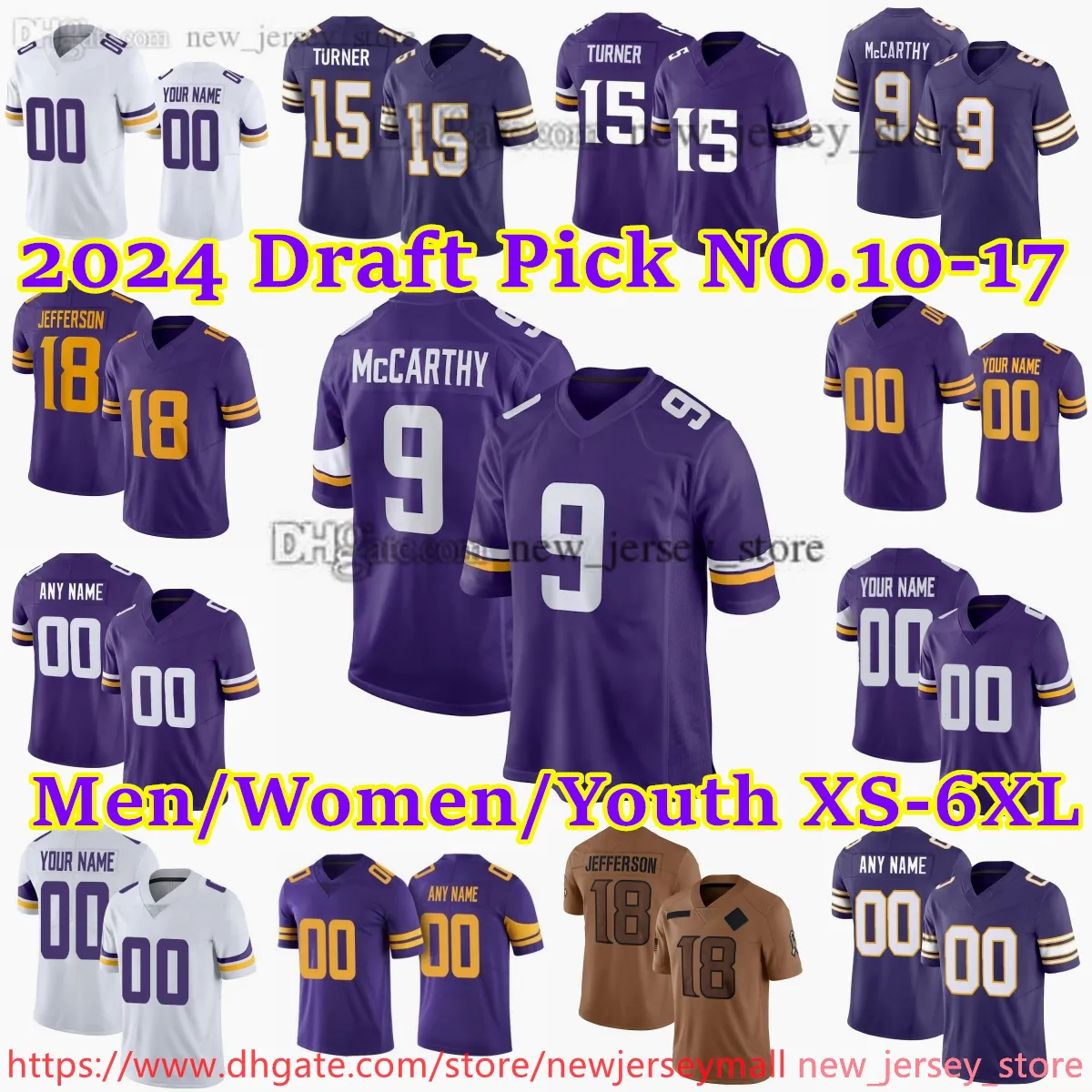 9 J.J.McCarthy Jersey Custom S-6XL Football Trikots 15 Turner 18 Justin Jefferson Kirk Cousins ​​T.J.Hockenson Harrison Smith Camryn Byron Byron Murphy Jr. Randy Moss