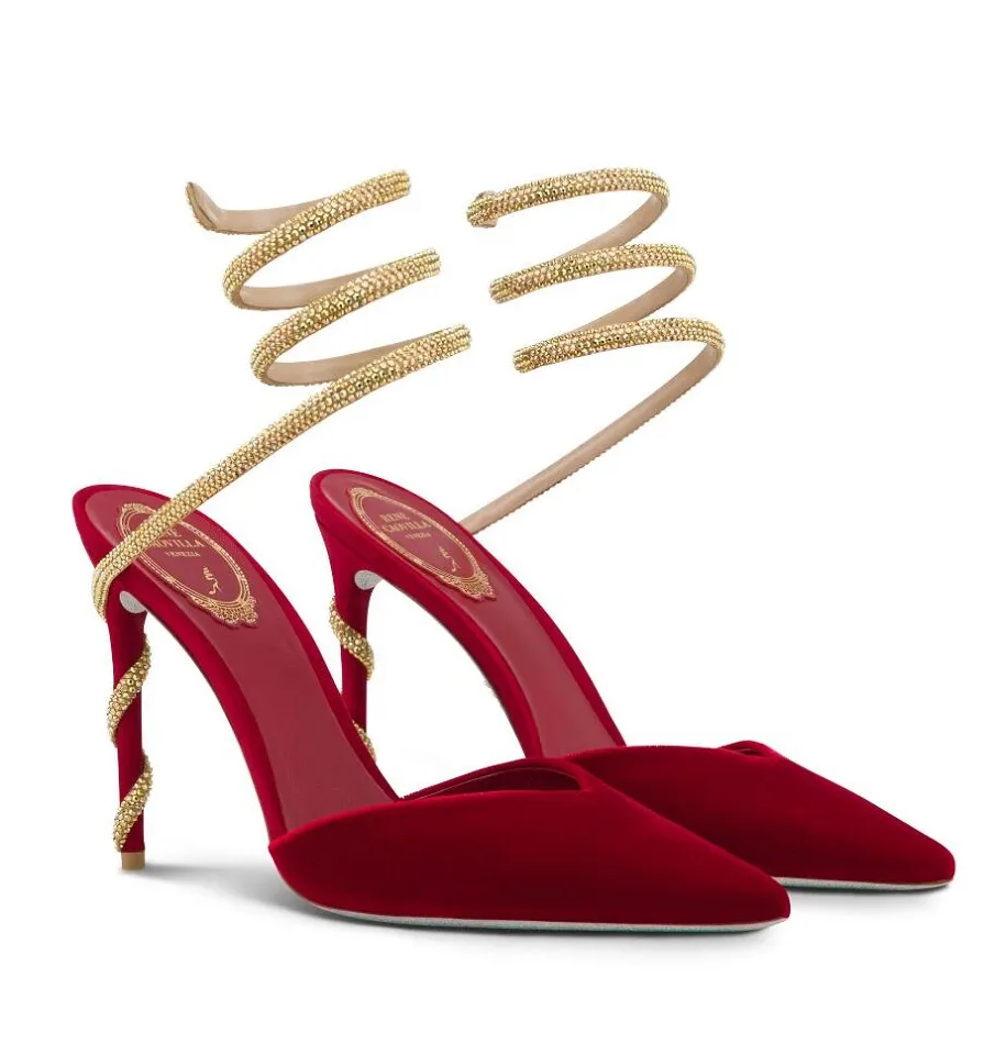 Элегантный бренд Rene Caovilla Margot Sandals обувь для хрустальных спиральных оберточных ремешков высокие каблуки высокие каблуки заостренное платье для вечеринки Lady Pump Eu35-43
