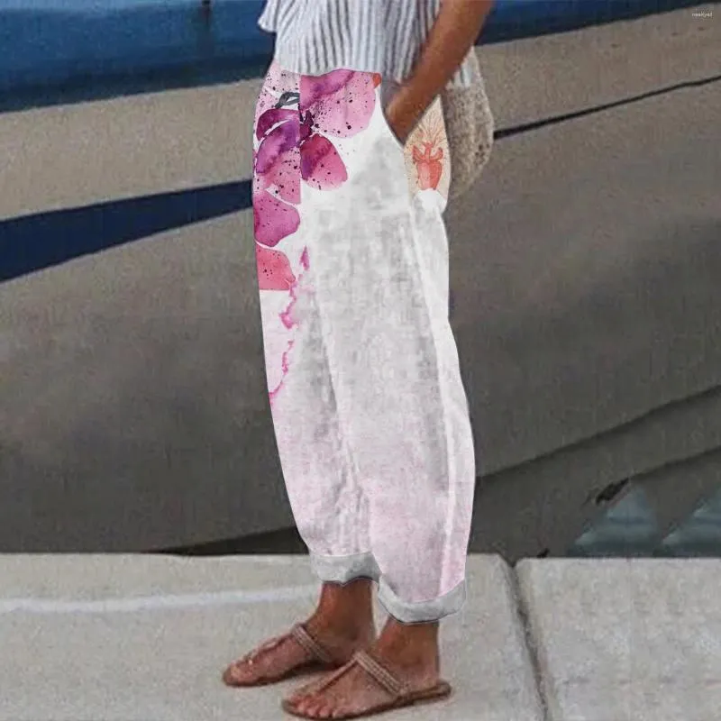 Pantalon féminin lin en coton blanc pour femmes 2024 mode floral imprimé à la taille élastique de taille avec des poches pantalon de jambe large