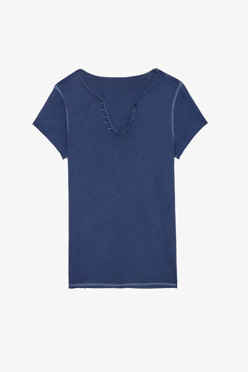 2024 Summer Nuovo French Zadigvolvolt French Back Wing Stampato Pulsante U-shirt U-shirt femminile versatile cotone blu corto top a maniche corte corta