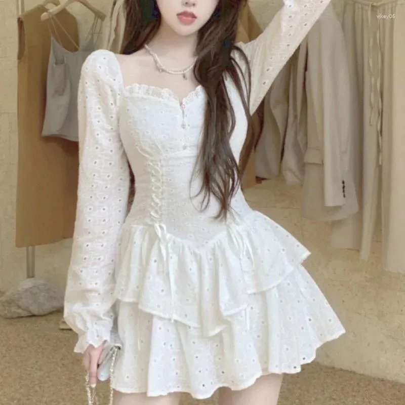 Robes décontractées automne fée blanche kawaii robe femme v-colme slim slim élégant mini mini-femelle de mode coréen sexy y2k 2024
