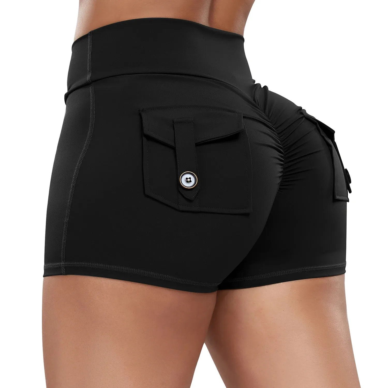 Dames Pocket Yoga Shorts Cross High Taille Scrunch Scrunch Butt Booty Fitness Athletic Gym Bottoms Sexy Quick Drying Workout Clothing 240422