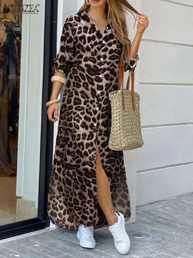 Zanzea Women Leopard Print Dress Summer Summer Autumn Halve Sleeve Robe Split Sexy Long Midi Shirt Evening Feminino vestidos 240423