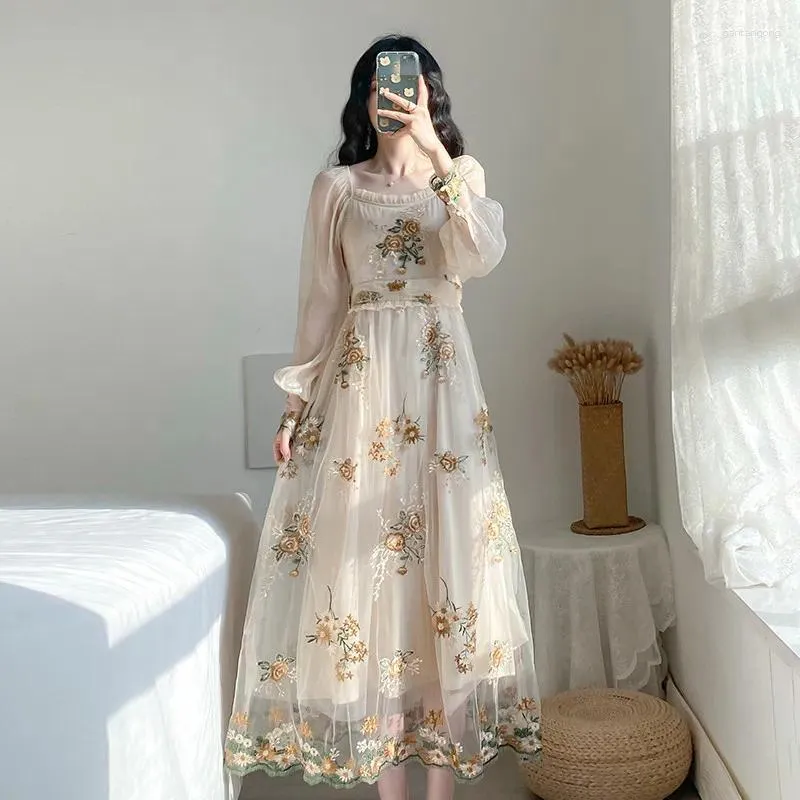 Sukienki swobodne Holifeni Vintage Mesh Fairy Dress Retro Haft Haft Floral Petal Rleeve Flar na imprezowy wieczór vestido