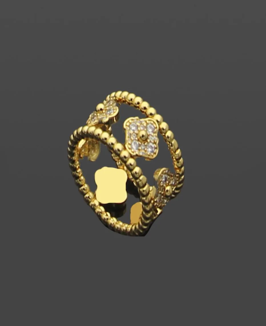 Couple anneaux double trèfle complet diamant ouvert kaléidoscope creux étoile fleurie à quatre feuilles 18karat papillon or turquoise3444292