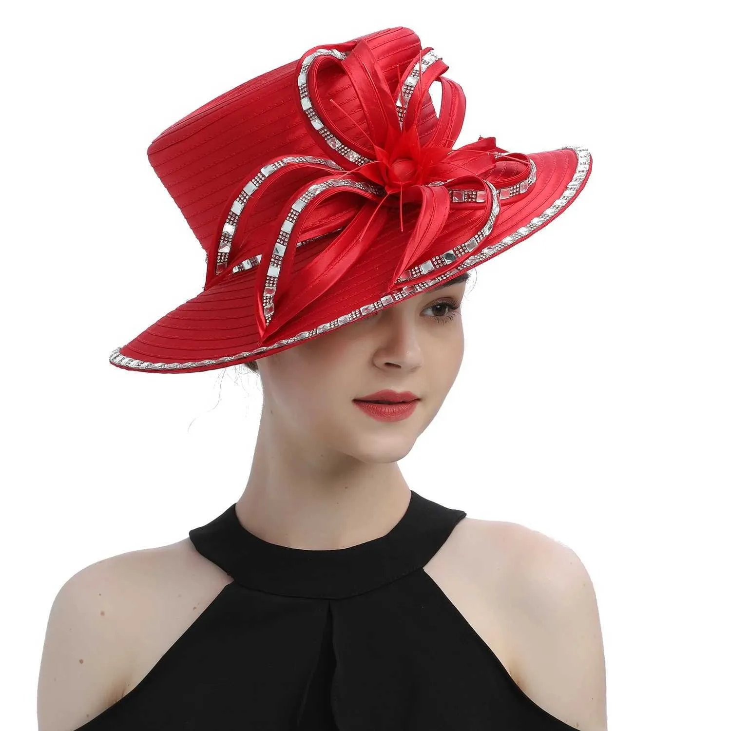 Breite Krempe Hüte Bucket Hats Atleisur Red Satin Cloth Hut Elegante Fotografie Hüte Kette Mode formelle Hut Maskerade Blume Hochzeit Top Hut für Damen Y240426