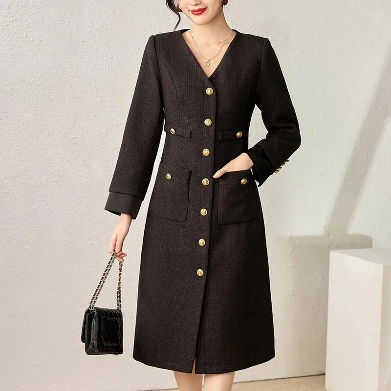 Casual Dresses Elegant Fashion For Women Autumn Winter V-neck Long Sleeve Single Breasted Women's Clothing Vintage Tweed Dress