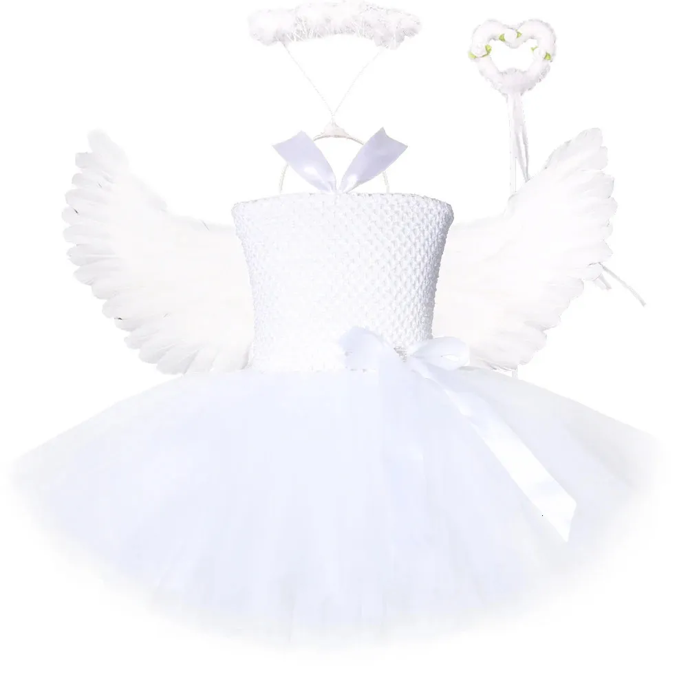 Vit ängel tutu kostym för flickor prinsessan fairy cosplay klänning med vingar halloween kostymer för barn tjej kläder outfit 1-14y 240429