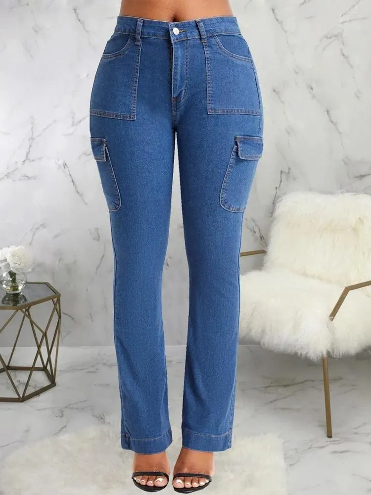 Jeans pour femmes mode décontractée bleu foncé haut taille bordel vintage bouton vintage zipper up 4 poches utiles Patchwork Denim Pantalon