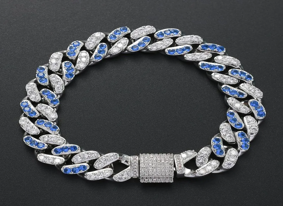 New Fashion Charm Bling Iced Out Blue Crystal CZ Bracelet Silver Zircon Hiphop Jewelry 12mm Cuban Link Chain Bracelets for Women M3912551