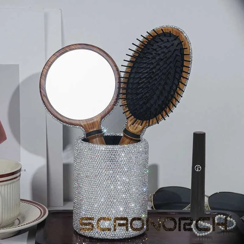 Cosmetic Organizer Luxury diamond airbag hair comb wooden circular mirror makeup brush storage box dressing table bathroom organizer pencil container Q240429