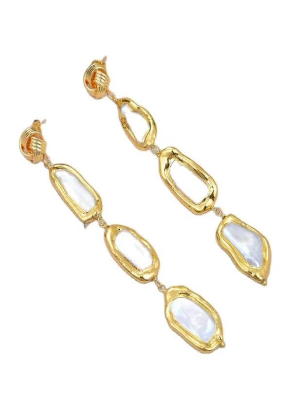 GuaiGuai Jewelry Cultured White Biwa Pearl With Electroplated Edge Dangle Stud Earrings Handmade For Women Real Gems Stone Lady Fa9977002
