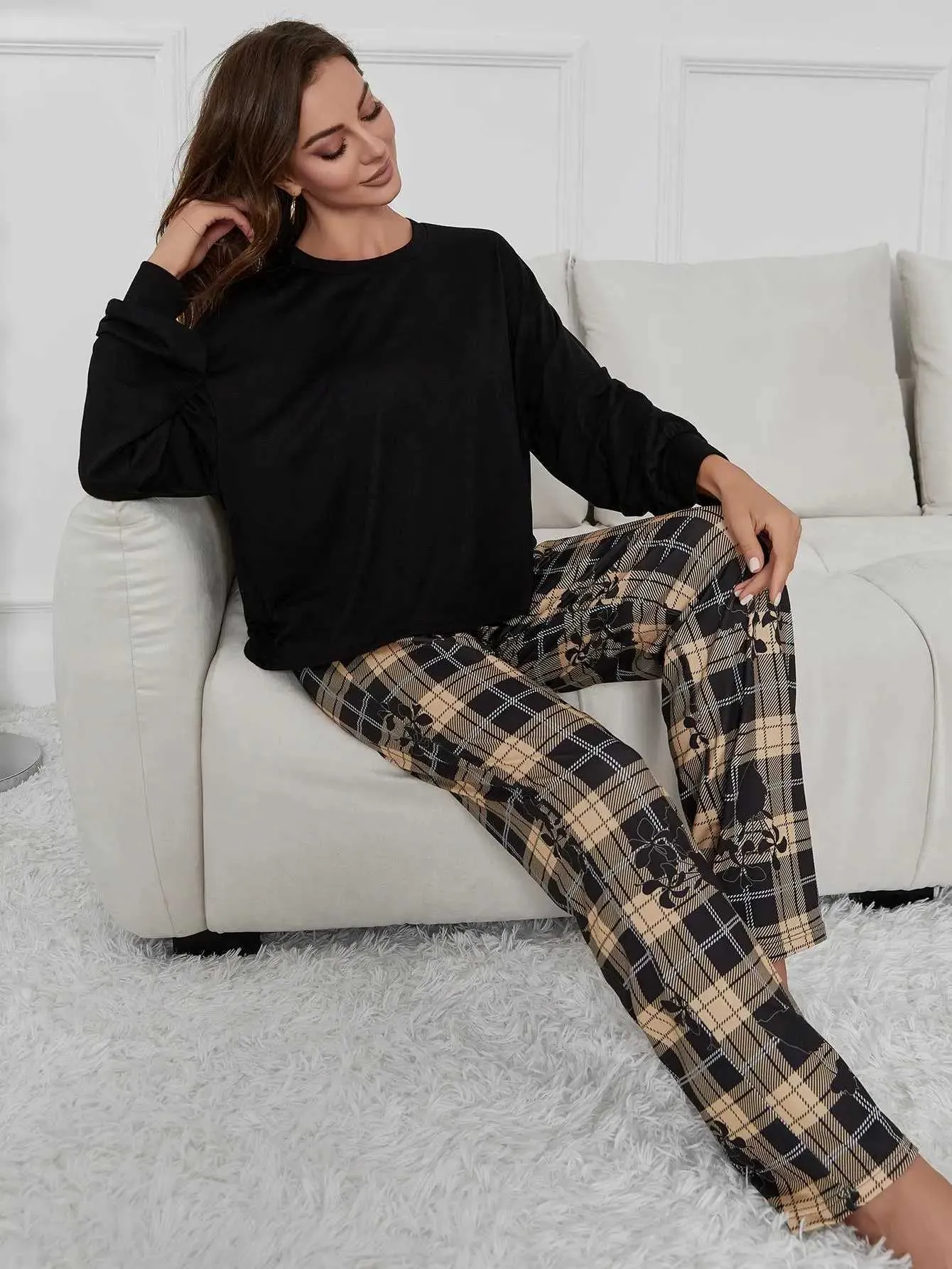 Abbigliamento il sonno da donna Donne Piajama Set Solid Long Slve Pantaloni a quadri a flusso integrale Panda Stampa 2 pezzi Slpwear Female Nightwear Homwear Cloth Y240426