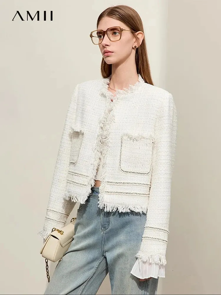 AMII Minimalism Chambray Womens Tweed Short Jackets Spring Tassel Spliced Pleated Cuffs Straight Retro Coats 12411008 240430