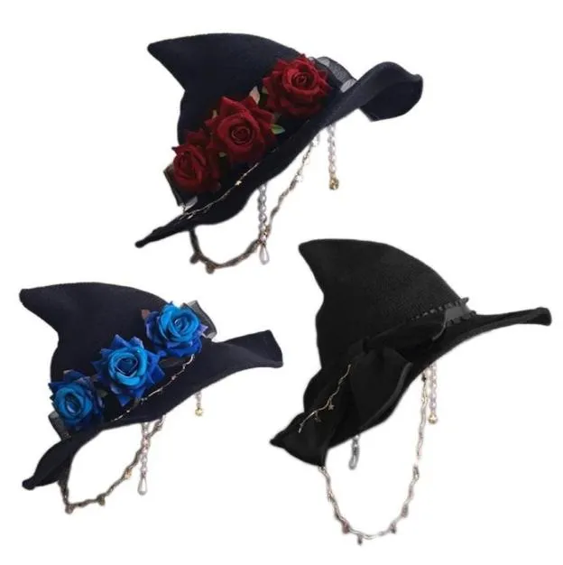 Teste di Halween Halloween con brim -brim -brim con decorazione di rose in costumi lolita in stile gotico scuro decorato cappello da stregone s03 21 drop9474634