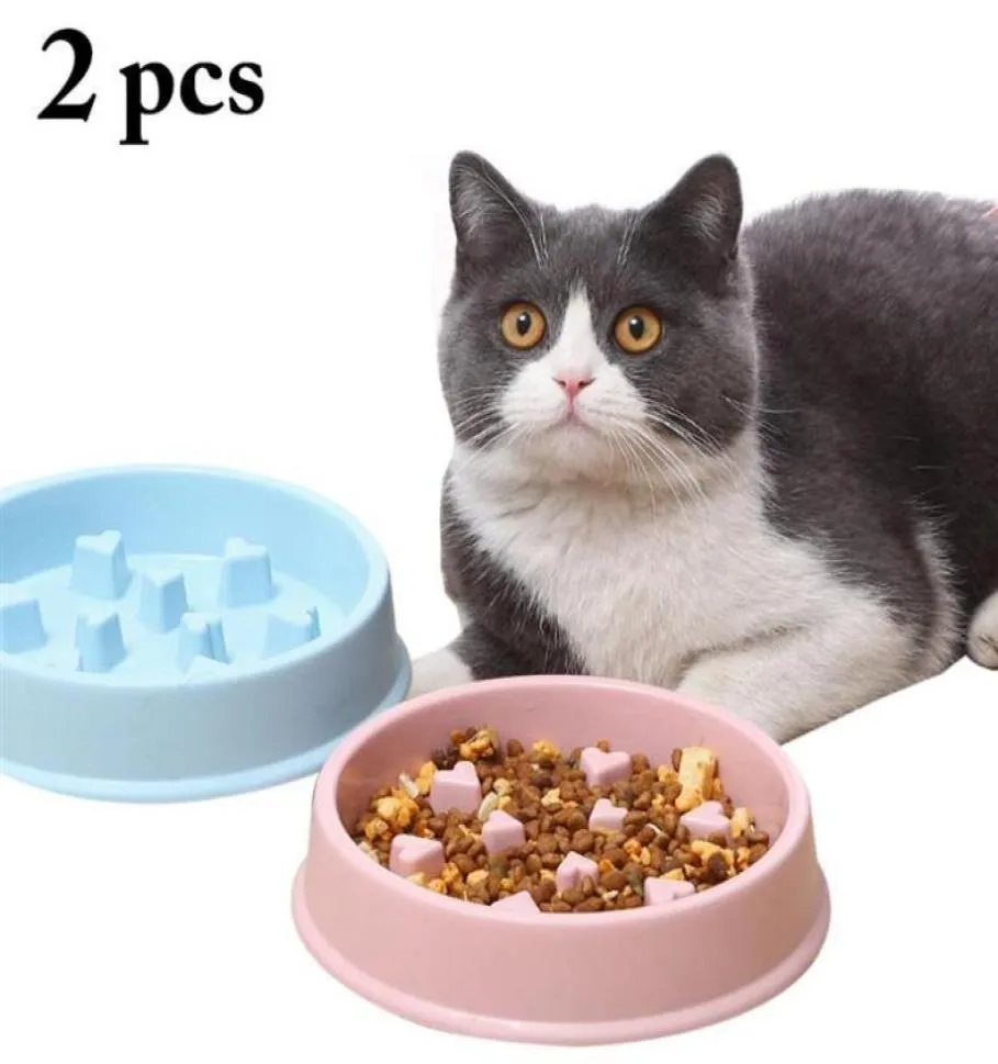 Cat Bowls Feeders 2 PCSSet Pet Creative Plastic Pets Kittens Langzaam voeding Food Bowl Katten Drinkschotel Feeder Supplies Accessor8287384