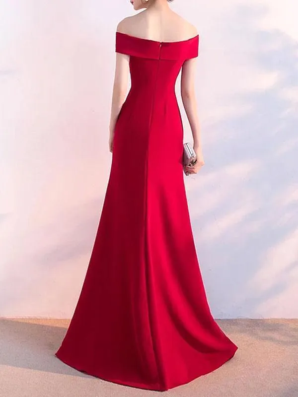 Off-Shoulder Satin red bridesmaid dresses long in Elegant Red, Navy, and Blue - Perfect for Evening Prom and Parties (BC18719)