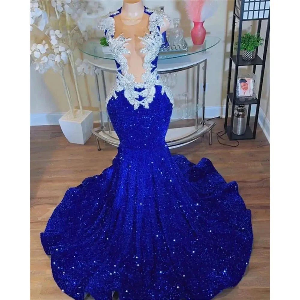 Blue Long Prom Sparkly Royal For Black Girls Sheer pailletten Verjaardagsfeestje Jurken African Mermaid Evening Gown Robe