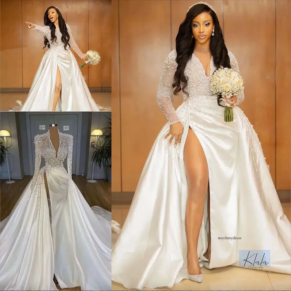 Illusion Pearls Crystal Country Wedding Dresses 2024 African Long Sleeve Side Split Arabic Satin Church Garden Bridal Reception Gowns Robe De Mariee 0431