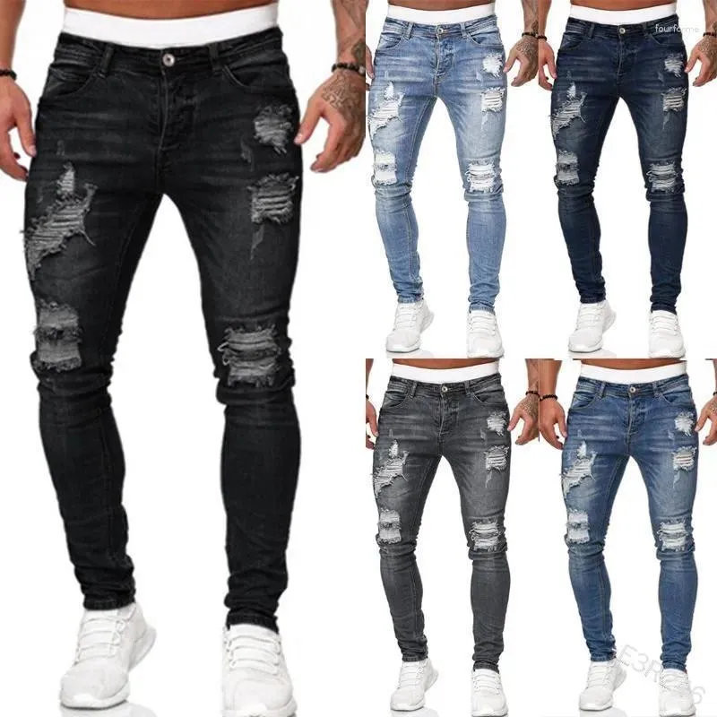 Jeans masculin mode Street Street Ripped Skinny Men Vintage Wash Solid Denim Pantal