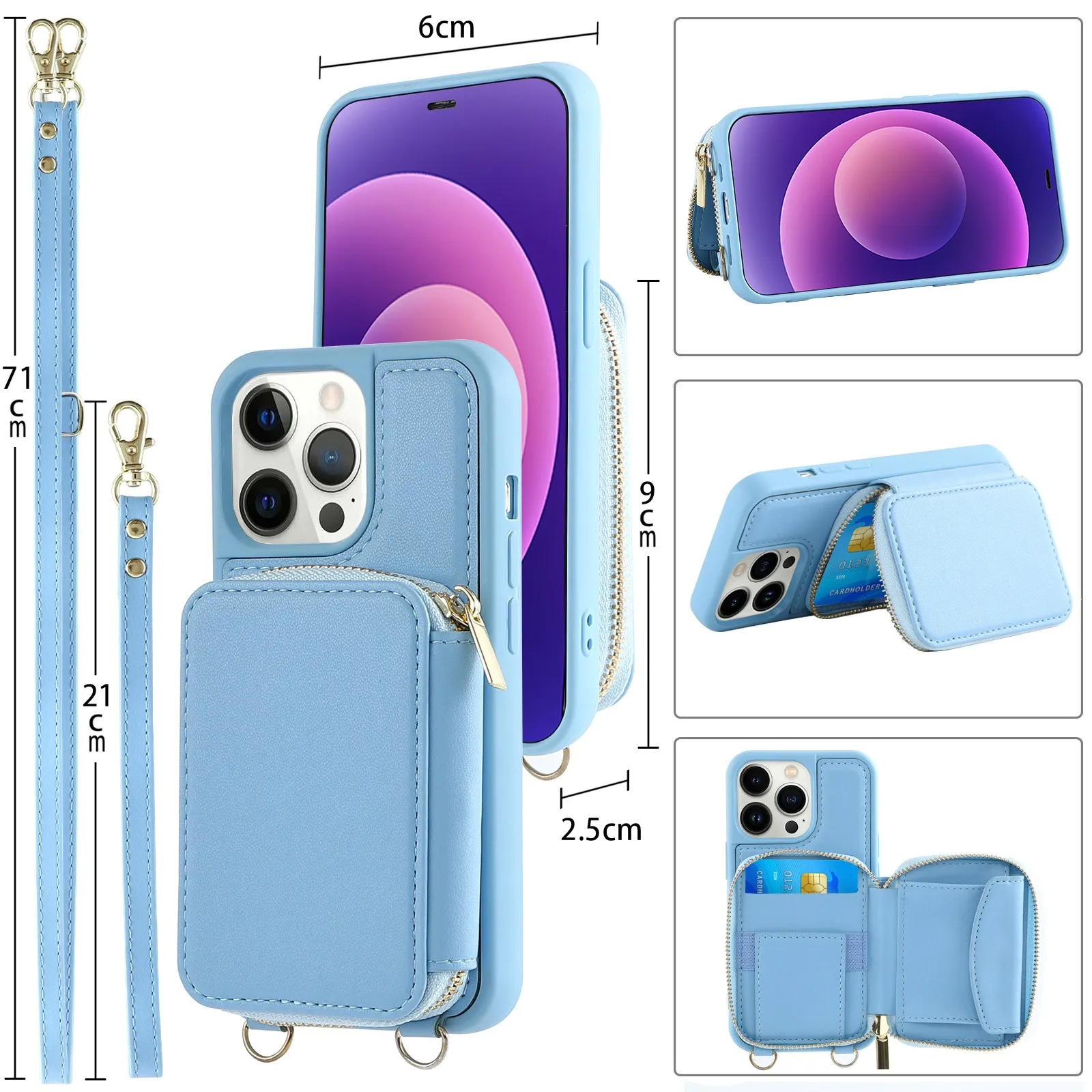 Cross Body Phone -Hülle mit Karteninsertion Zero Wallet Anti Drop Phone Protective Case Card Bag Wallet Style Schutzleder mit Reißverschluss für iPhone 14 15 Pro Max