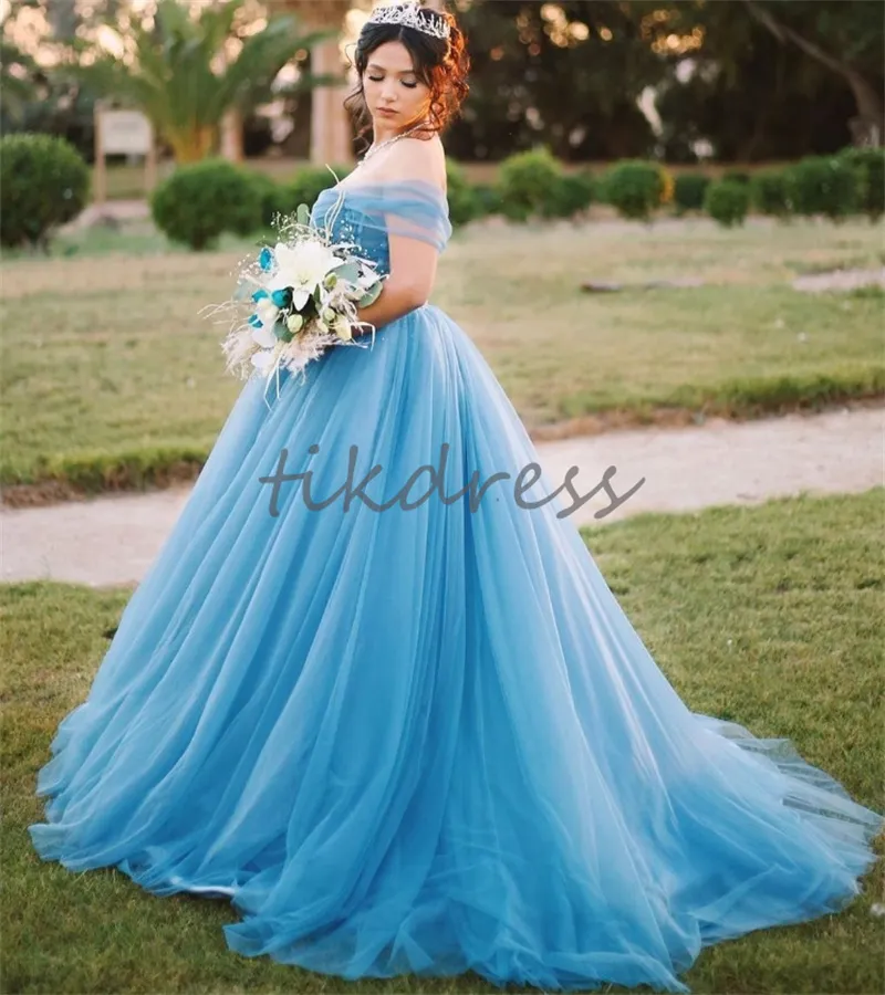 Cinderalle Blue Quinceanera Sukienki 2024 Off ramiona suknia balowa Słodka 16 sukienka Szyśnięcie Train Formal Vestido de 15 XV anos szat de soiree księżniczka