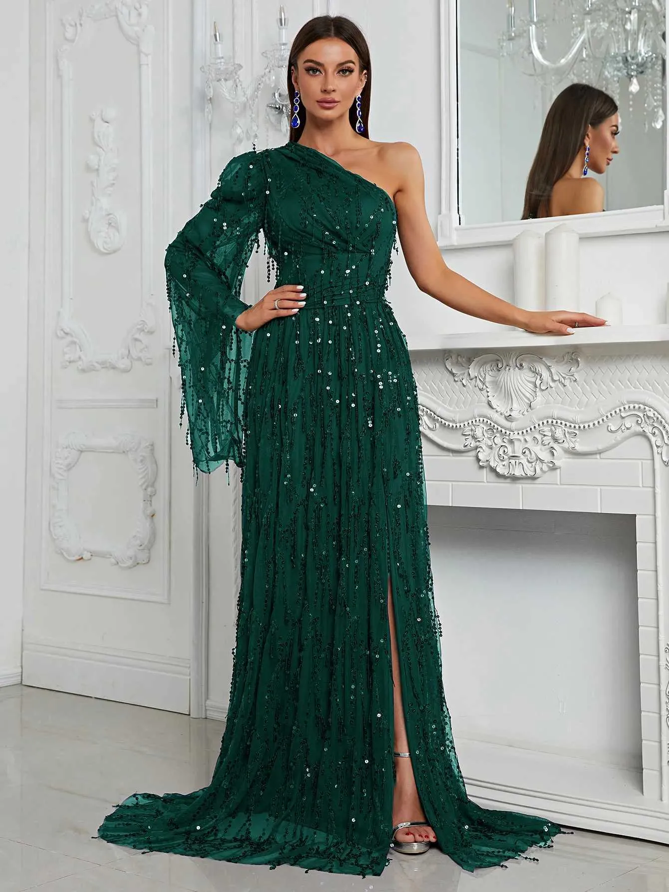 Runway Dresses YISIKADO Giffniseti One Shoulder Split Thigh Sequin Formal Dress evening dress 2024 Y240426