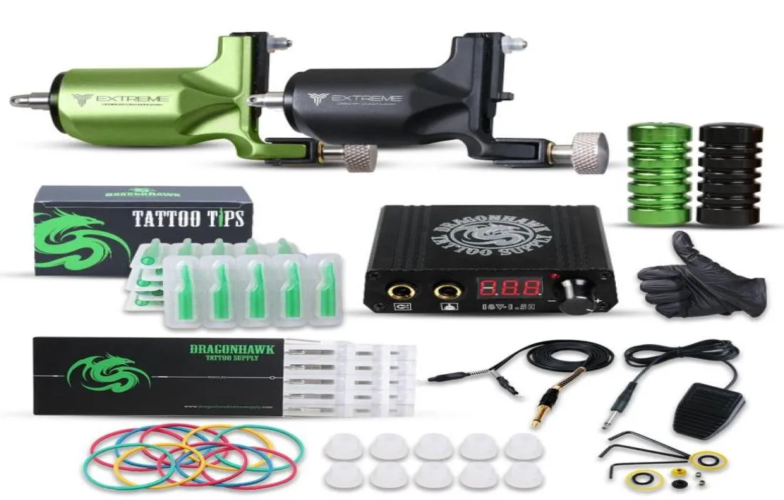 Dragonhawk Extreme Tattoo Kit Rotary Motor Machines Mini Power Supply Needles Tips Grips6581381