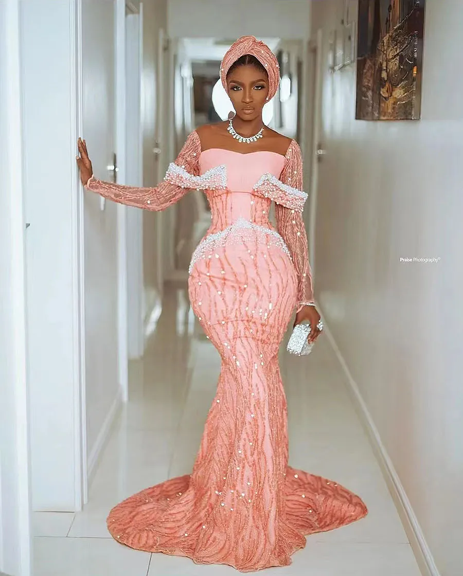 Vintage Pink Lace Aso Ebi Kleid afrikanische Frauen formelle Abschlussballkleider Langarmes Plus Größe nigerianischer Abendkleider maßgeschneidert gemacht