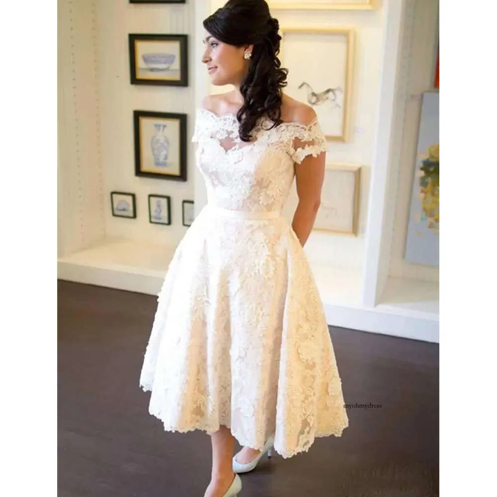 Vintage Off-Shoulder Lace A Line Reception Dress - Tea Length, Tea-Length, Custom Sizes Available (1950S) Vintage Off-Shoulder Lace A Line Reception Dress - Tea Length, Tea-Length, Custom Sizes Available (1950S)
