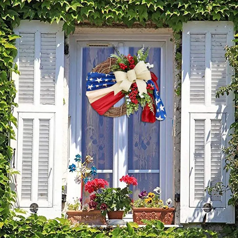 Decoratieve bloemen 45 cm krans voor patriottische onafhankelijkheidsdag en 4 jul 4e woningdecoraties rood wit blauw kunstmatige strandkransen front