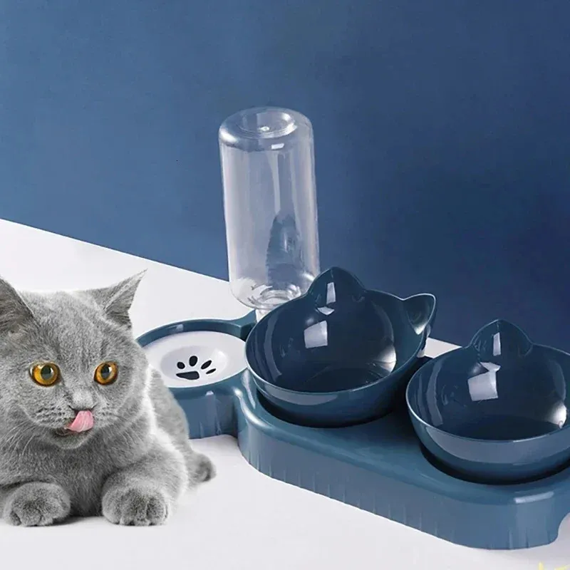 Pet Cat Bowl Otomatik Besleyici Su Dağıtıcı Köpek Kedi Yemek Kasesi İçme ile Yükseltilmiş Stand Kediler için Çift Çanak Kaseler Pet 240429