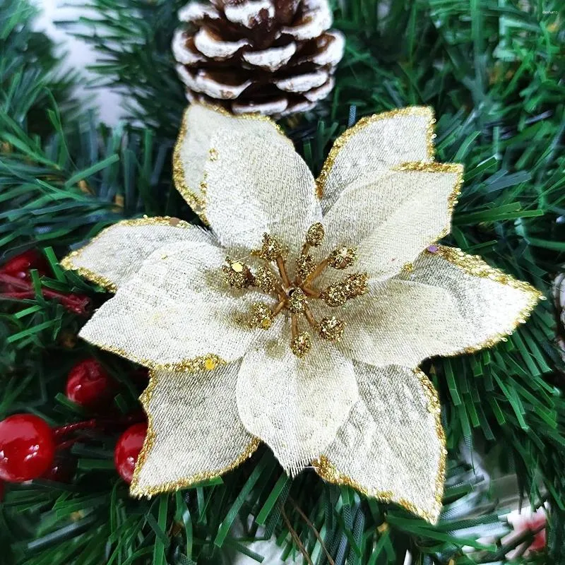 Dekorative Blumen 5pcs 4inch Weihnachten Glitzer Weihnachtsstern Künstliche Seidenschmuck für goldene Baumkränze Girlande Holiday Dekor