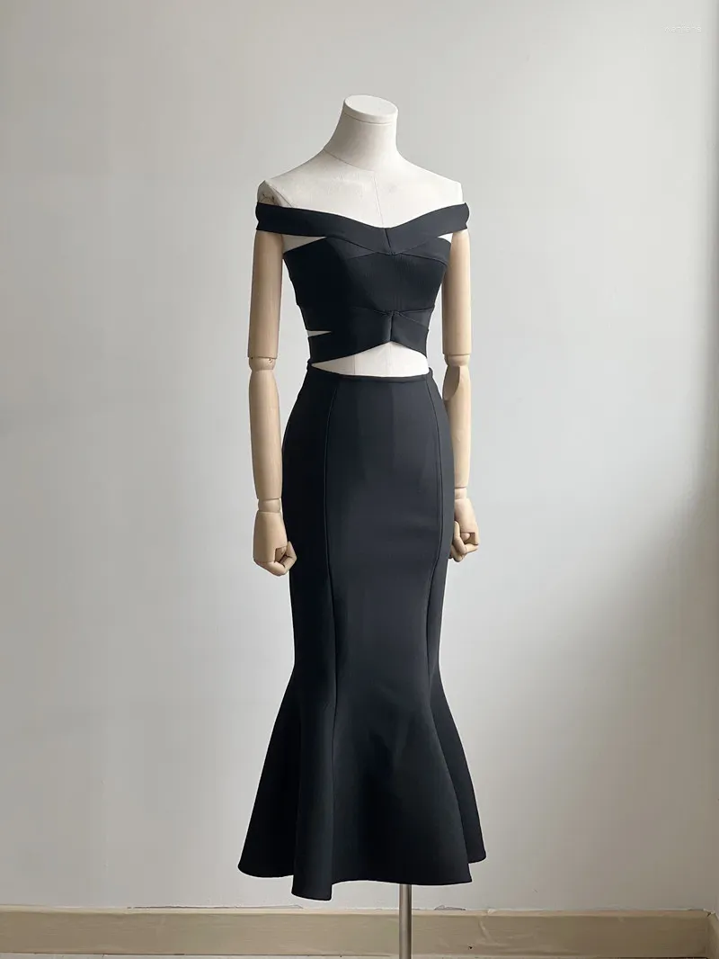 Work Dresses JUNE LIPS 2024 Women's Black 2 Piece Bandage Sets Club Clothing Two-piece Wholesale