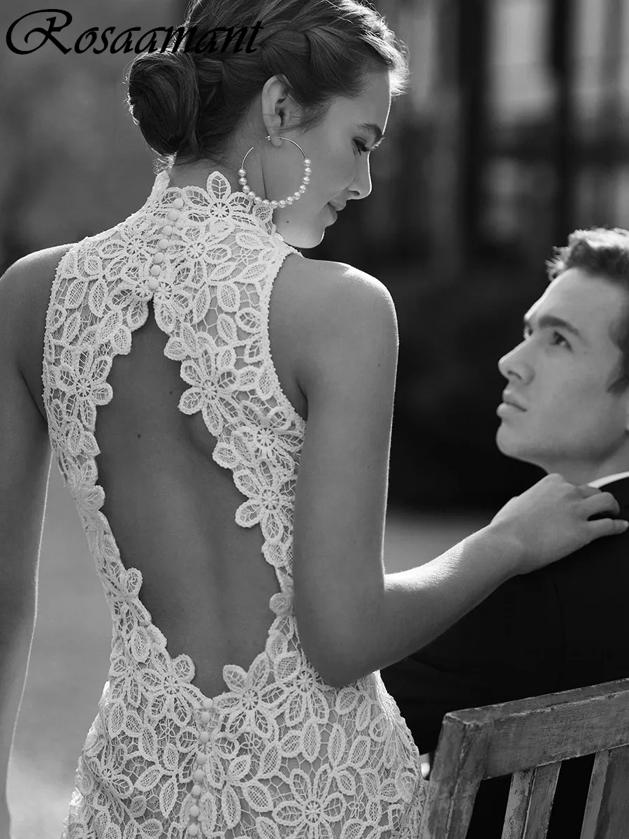 chinese dress ladies Boho Sheath Sleeveless Lace High Neck Wedding Dress with Keyhole Back- –  DorrisDress main image 1