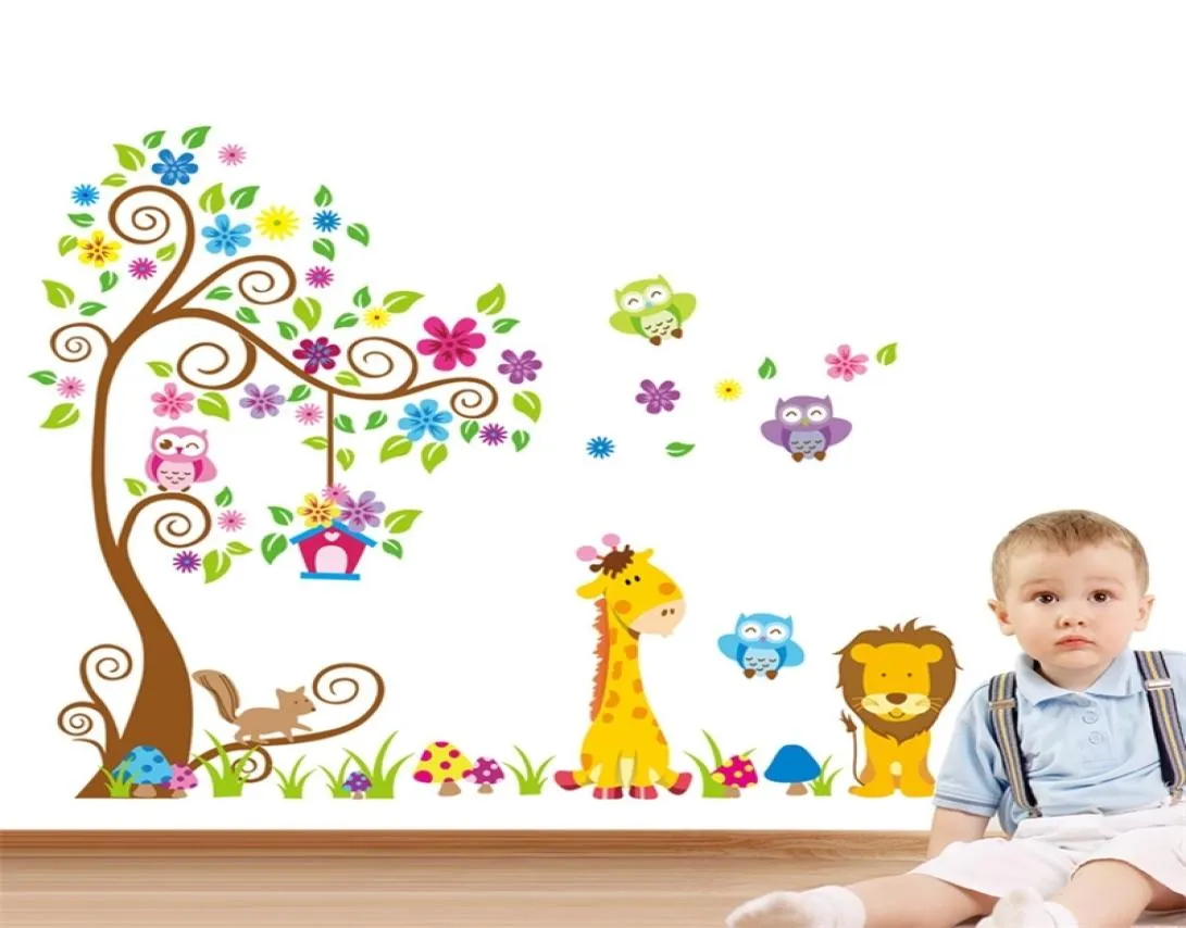 Large Size Trees animals 3D DIY Colorful Owl Wall Stickers Wall Decals Adhesive for kids baby room Mural Home Decor Wallpaper 22014436170