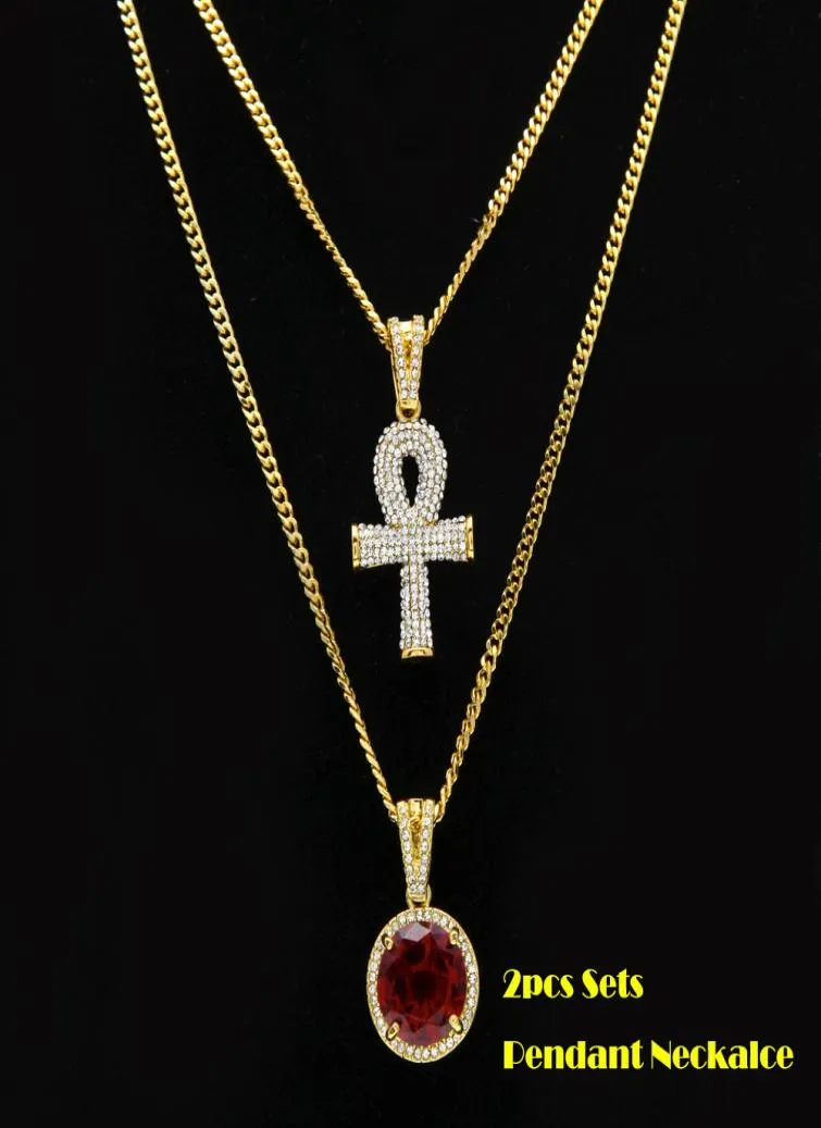2pcs set kolye blackredblue mini yuvarlak değerli taş büyük rhinestones anahtar Küba zinciri iki kolye erkek kadınlar hiphop takı 2 nec9000153