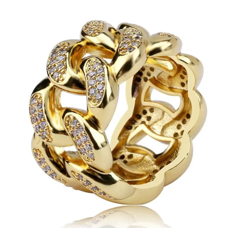 18k Guldvitt guldpläterat CZ Zirconia Hollowed Cuban Chain Rings Diamond Hip Hop smycken gåvor för män Kvinnor 13mm storlek 711 W6749329