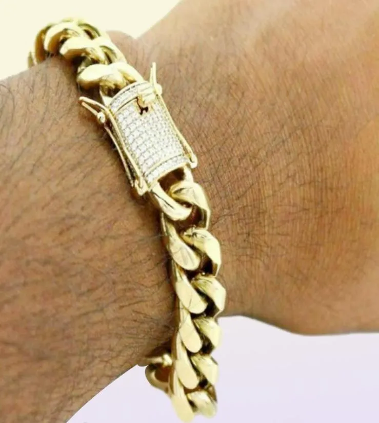 Män kubansk miami länk 14mm tjockt armband rostfritt 14k guldpläterad diamantlås7347464